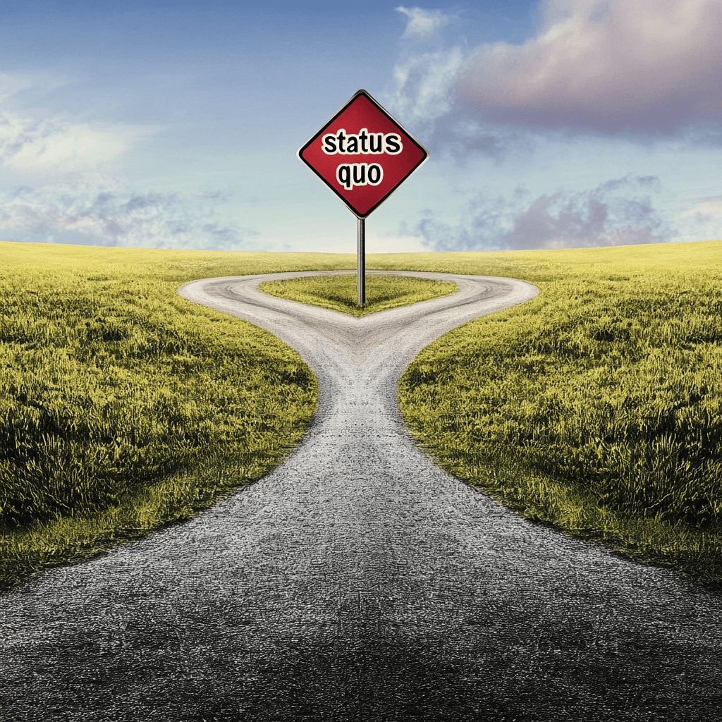 A fork in the road with a sign that says 'status quo'